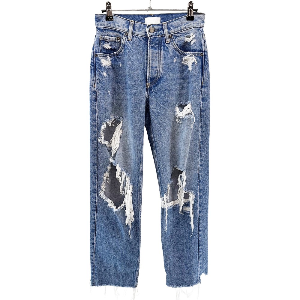 BOYISH The Tommy High Rise Button Fly Straight Leg Distressed Jeans • 25 • blue